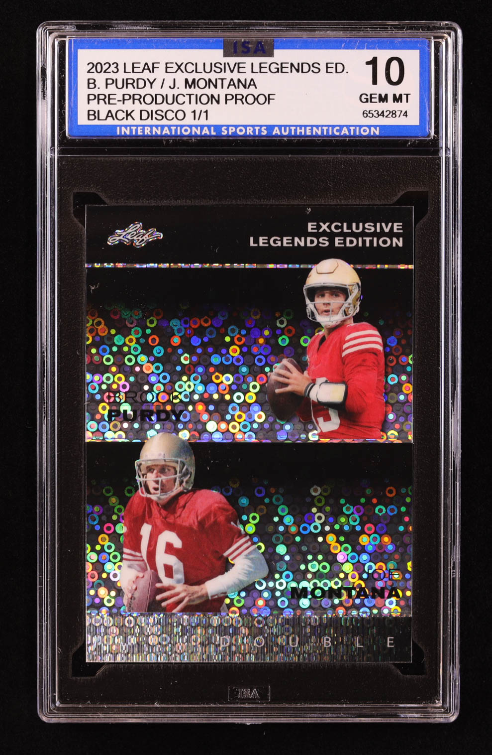Brock Purdy / Joe Montana 2023 Leaf Exclusive Legends Edition Disco Black Pre-Production Proof #NNO #1/1 (ISA 10) at PristineAuction.com Brock Purdy / Joe Montana 2023 Leaf Exclusive Legends Edition Disco Black Pre-Production Proof #NNO #1/1 (ISA 10) at PristineAuction.com