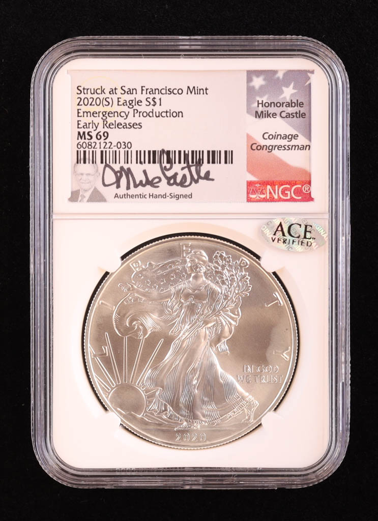 2020-(S) American Silver Eagle - Emergency Production Early Releases - Hand-Signed by Congressman Mike Castle (NGC MS69) at PristineAuction.com 2020-(S) American Silver Eagle - Emergency Production Early Releases - Hand-Signed by Congressman Mike Castle (NGC MS69) at PristineAuction.com