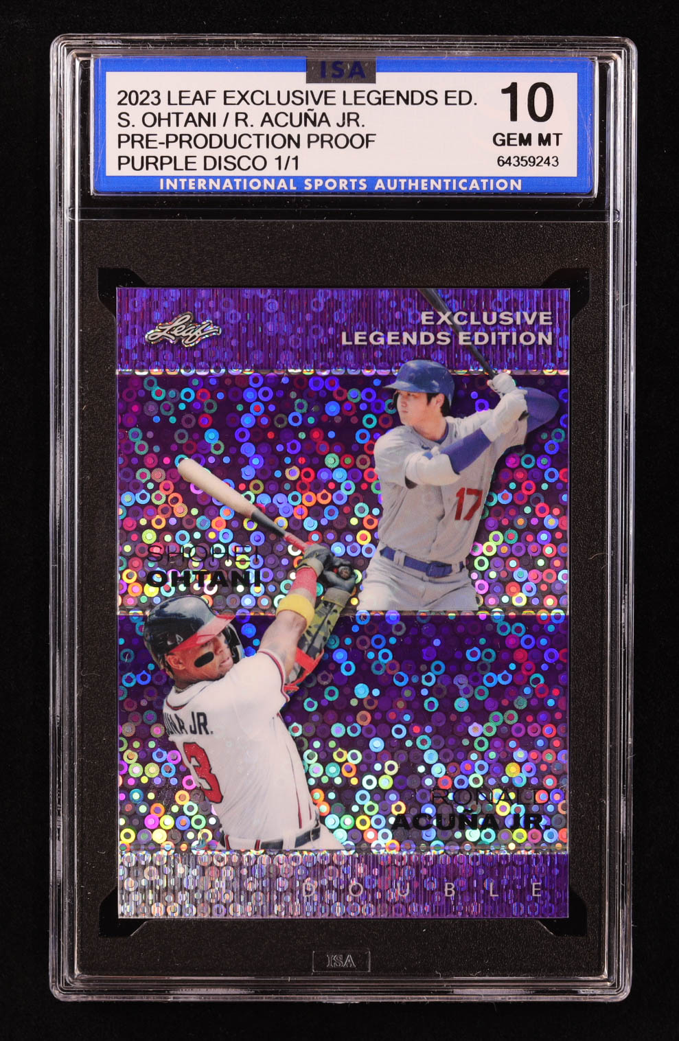 Shohei Ohtani / Ronald Acuna Jr. 2023 Leaf Exclusive Legends Edition Disco Purple Pre-Production Proof #NNO #1/1 (ISA 10) at PristineAuction.com Shohei Ohtani / Ronald Acuna Jr. 2023 Leaf Exclusive Legends Edition Disco Purple Pre-Production Proof #NNO #1/1 (ISA 10) at PristineAuction.com