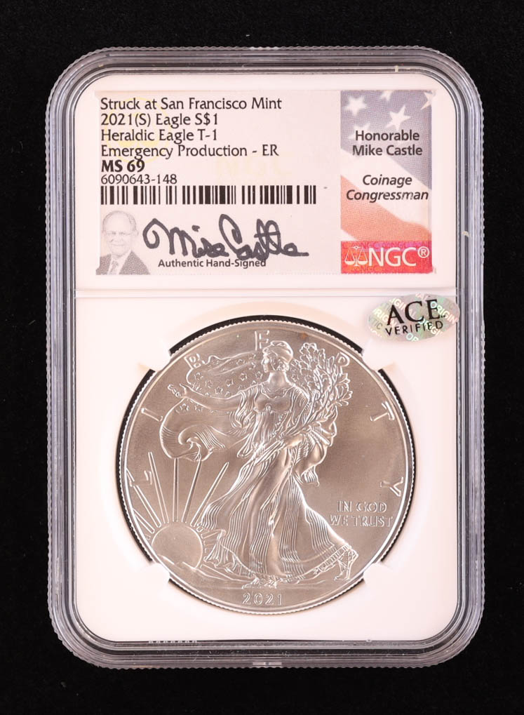 2021-(S) American Silver Eagle, Type 1 - Emergency Production Early Releases - Hand-Signed by Congressman Mike Castle (NGC MS69) at PristineAuction.com 2021-(S) American Silver Eagle, Type 1 - Emergency Production Early Releases - Hand-Signed by Congressman Mike Castle (NGC MS69) at PristineAuction.com