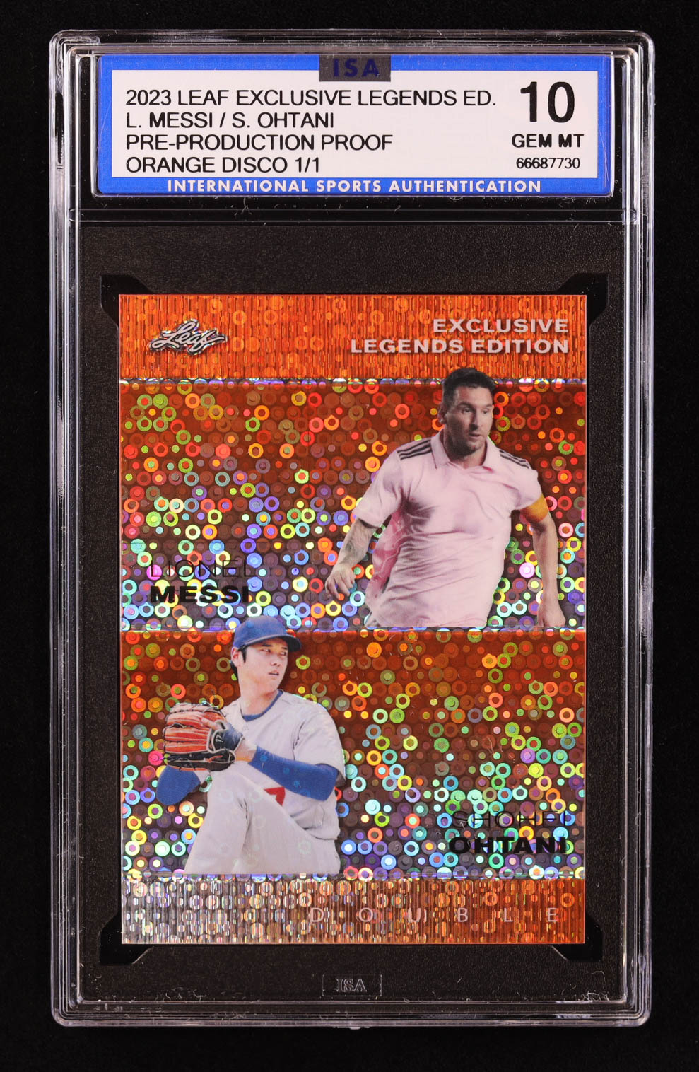 Shohei Ohtani / Lionel Messi 2023 Leaf Exclusive Legends Edition Disco Orange Pre-Production Proof #NNO #1/1 (ISA 10) at PristineAuction.com Shohei Ohtani / Lionel Messi 2023 Leaf Exclusive Legends Edition Disco Orange Pre-Production Proof #NNO #1/1 (ISA 10) at PristineAuction.com