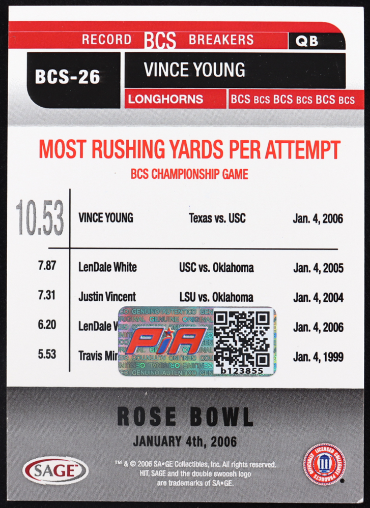 Vince Young Signed 2006 SAGE HIT BCS #BCS26 RC (PIA) at PristineAuction.com Vince Young Signed 2006 SAGE HIT BCS #BCS26 RC (PIA) at PristineAuction.com