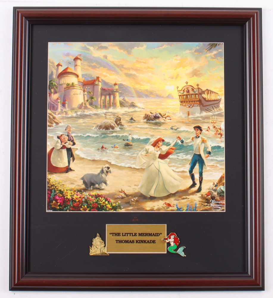 Thomas Kinkade "The Little Mermaid" Custom Framed Print Display With Ariel & Castle Pins at PristineAuction.com Thomas Kinkade "The Little Mermaid" Custom Framed Print Display With Ariel & Castle Pins at PristineAuction.com