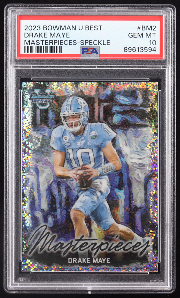Drake Maye 2023 Bowman's Best University Masterpieces Speckle Refractors #BM2 RC (PSA 10) at PristineAuction.com Drake Maye 2023 Bowman's Best University Masterpieces Speckle Refractors #BM2 RC (PSA 10) at PristineAuction.com