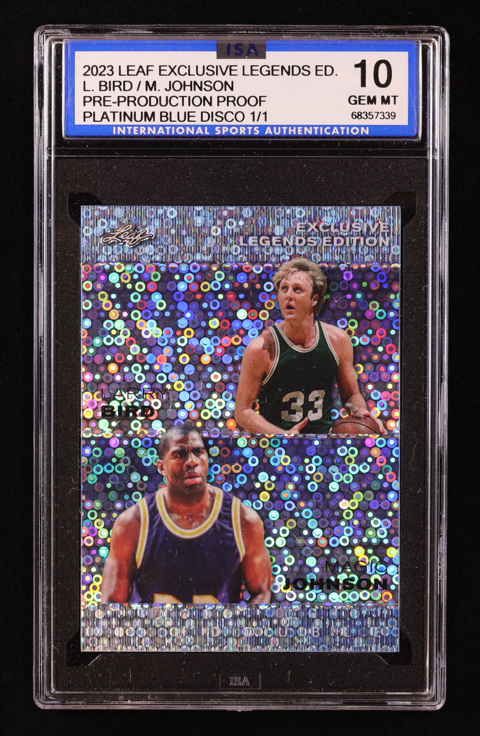 Larry Bird / Magic Johnson 2023 Leaf Exclusive Legends Edition Disco Platinum Blue Pre-Production Proof #NNO #1/1 (ISA 10) at PristineAuction.com Larry Bird / Magic Johnson 2023 Leaf Exclusive Legends Edition Disco Platinum Blue Pre-Production Proof #NNO #1/1 (ISA 10) at PristineAuction.com