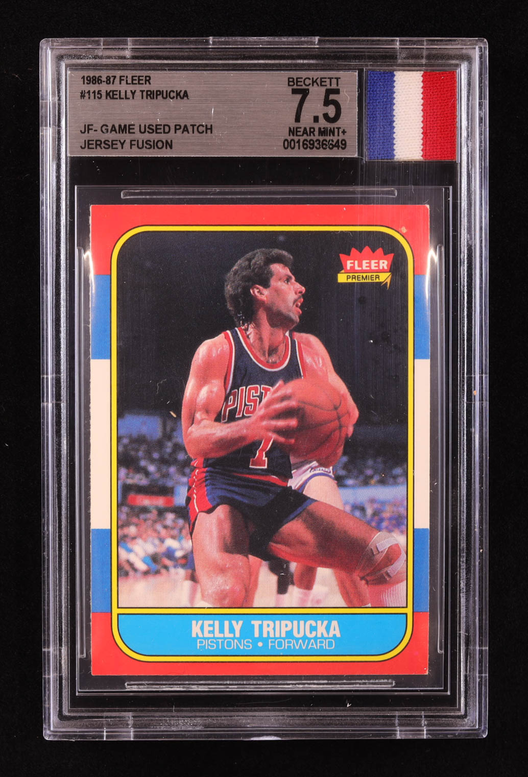 Kelly Tripucka 1986-87 Fleer #115 RC with Game Used Jersey Patch (BGS 7.5) at PristineAuction.com Kelly Tripucka 1986-87 Fleer #115 RC with Game Used Jersey Patch (BGS 7.5) at PristineAuction.com