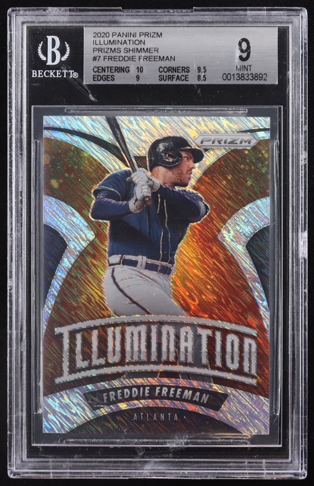 Freddie Freeman 2020 Panini Prizm Illumination Prizms Shimmer #7 #7/7 (BGS 9) at PristineAuction.com Freddie Freeman 2020 Panini Prizm Illumination Prizms Shimmer #7 #7/7 (BGS 9) at PristineAuction.com