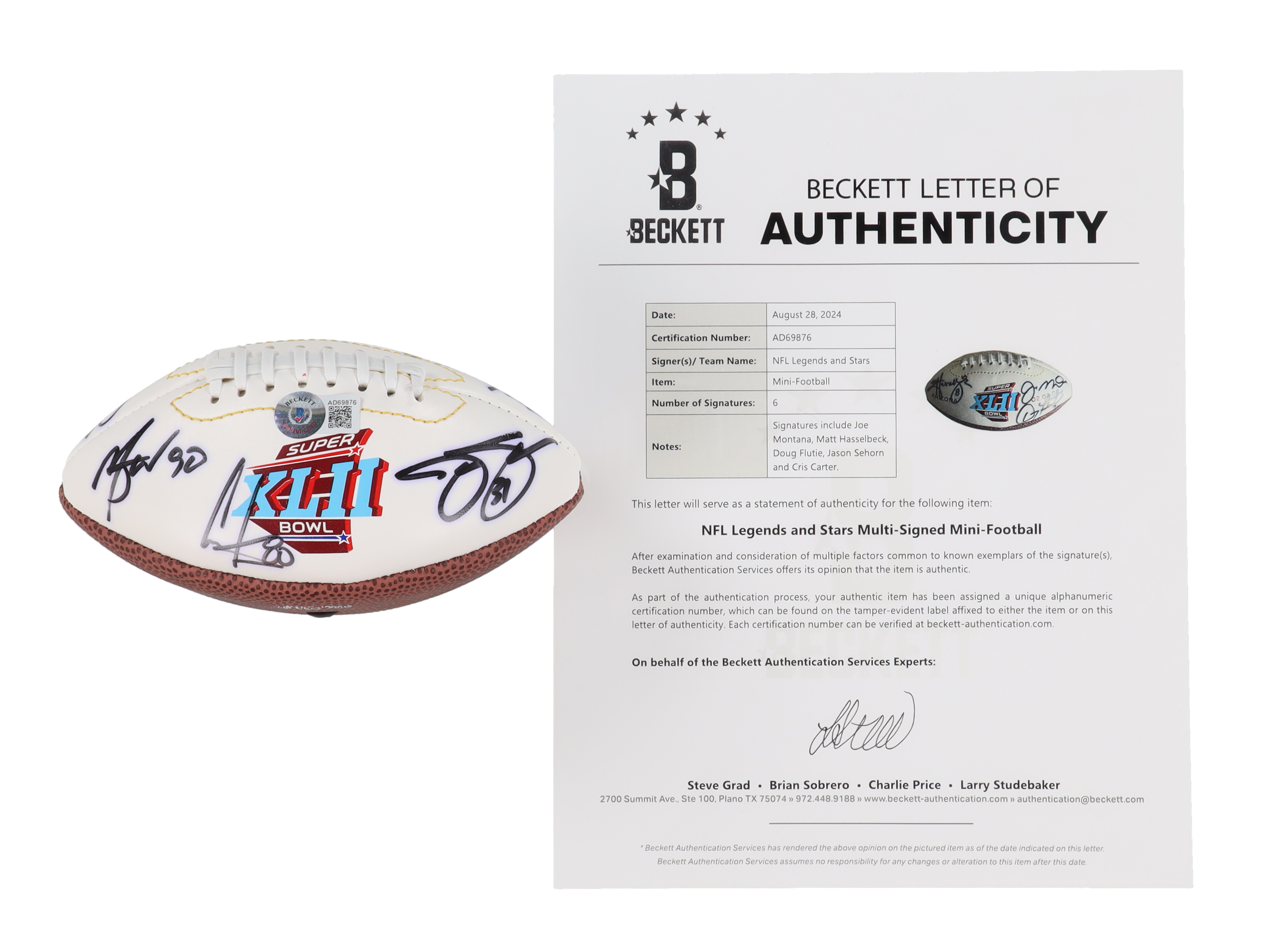 NFL Legends & Stars Super Bowl XLII Logo Mini Football Signed by (6) with Joe Montana, Matt Hasselbeck, Doug Flutie, Jason Sehorn (Beckett) at PristineAuction.com NFL Legends & Stars Super Bowl XLII Logo Mini Football Signed by (6) with Joe Montana, Matt Hasselbeck, Doug Flutie, Jason Sehorn (Beckett) at PristineAuction.com