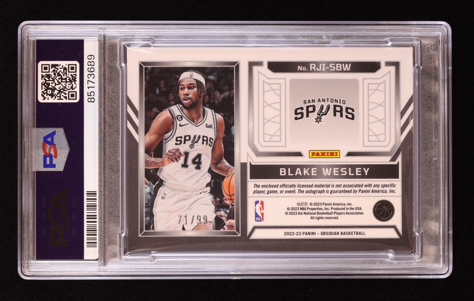 Blake Wesley 2022-23 Panini Obsidian Rookie Jersey Ink #30 RC #71/99 (PSA 7 | Autograph Grade 10) at PristineAuction.com Blake Wesley 2022-23 Panini Obsidian Rookie Jersey Ink #30 RC #71/99 (PSA 7 | Autograph Grade 10) at PristineAuction.com
