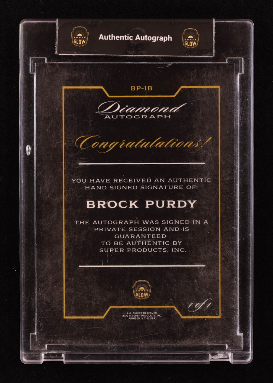 Brock Purdy 2022 Super Glow 1st Ever Diamond Autographs Red #BP1B RC #1/1 at PristineAuction.com Brock Purdy 2022 Super Glow 1st Ever Diamond Autographs Red #BP1B RC #1/1 at PristineAuction.com