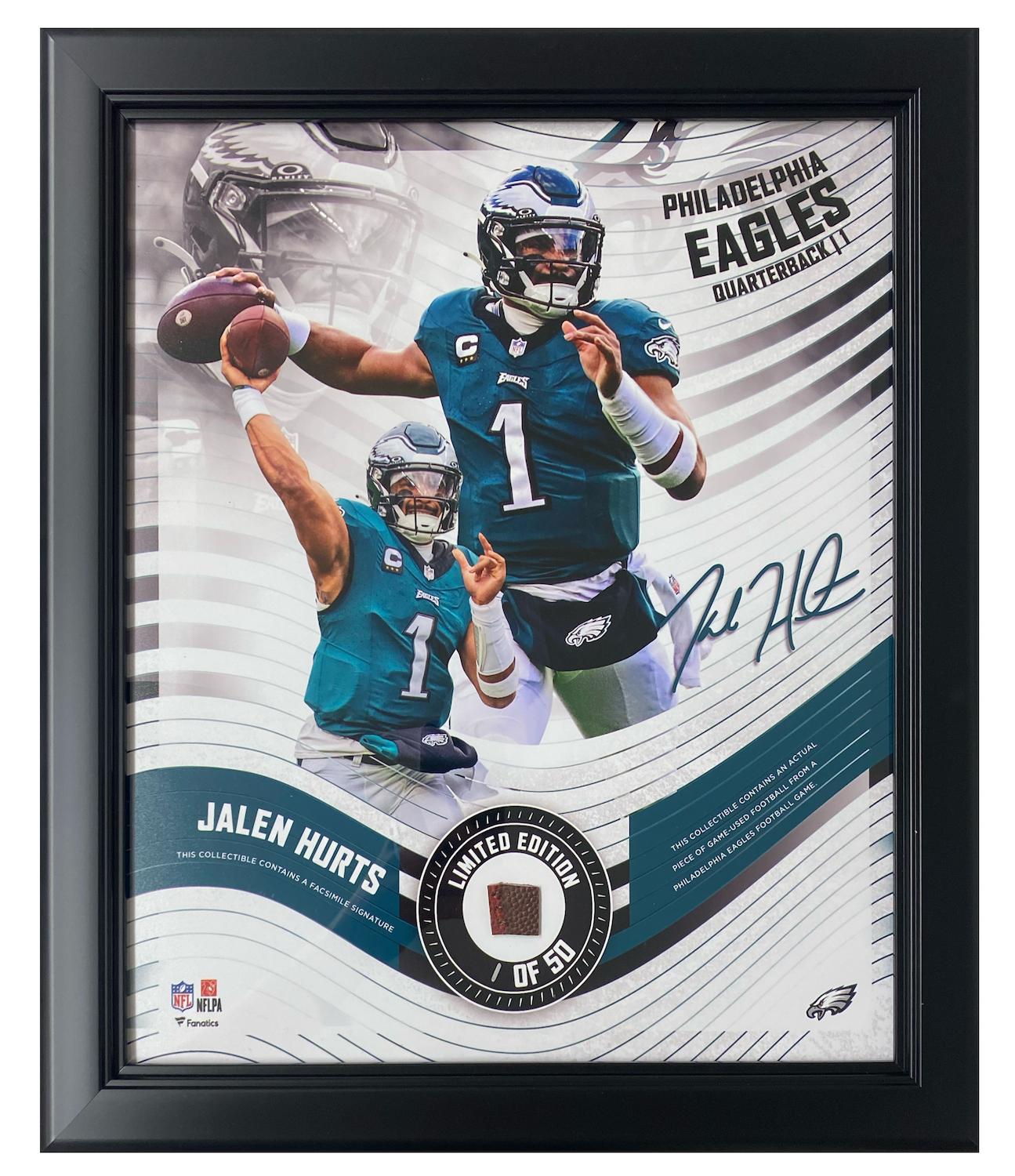 Jalen Hurts Eagles LE Custom Framed Display with Piece of Game-Used Football at PristineAuction.com Jalen Hurts Eagles LE Custom Framed Display with Piece of Game-Used Football at PristineAuction.com