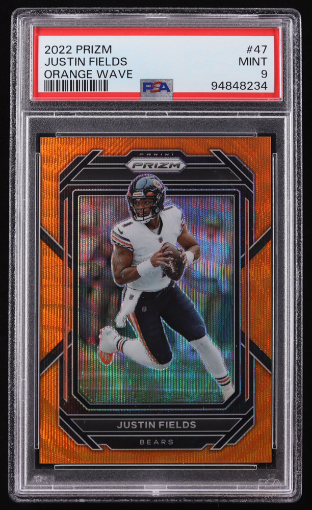 Justin Fields 2022 Panini Prizm Prizms Orange Wave #47 #59/60 (PSA 9) at PristineAuction.com Justin Fields 2022 Panini Prizm Prizms Orange Wave #47 #59/60 (PSA 9) at PristineAuction.com