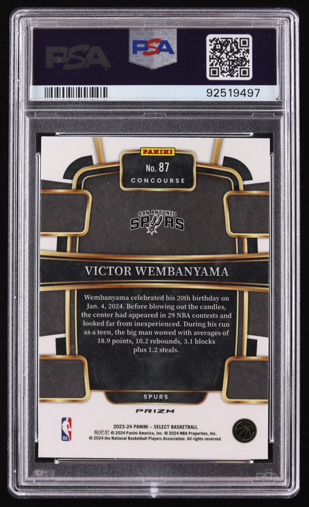 Victor Wembanyama 2023-24 Select Prizms Blue Cracked Ice #87 RC (PSA 10) at PristineAuction.com Victor Wembanyama 2023-24 Select Prizms Blue Cracked Ice #87 RC (PSA 10) at PristineAuction.com