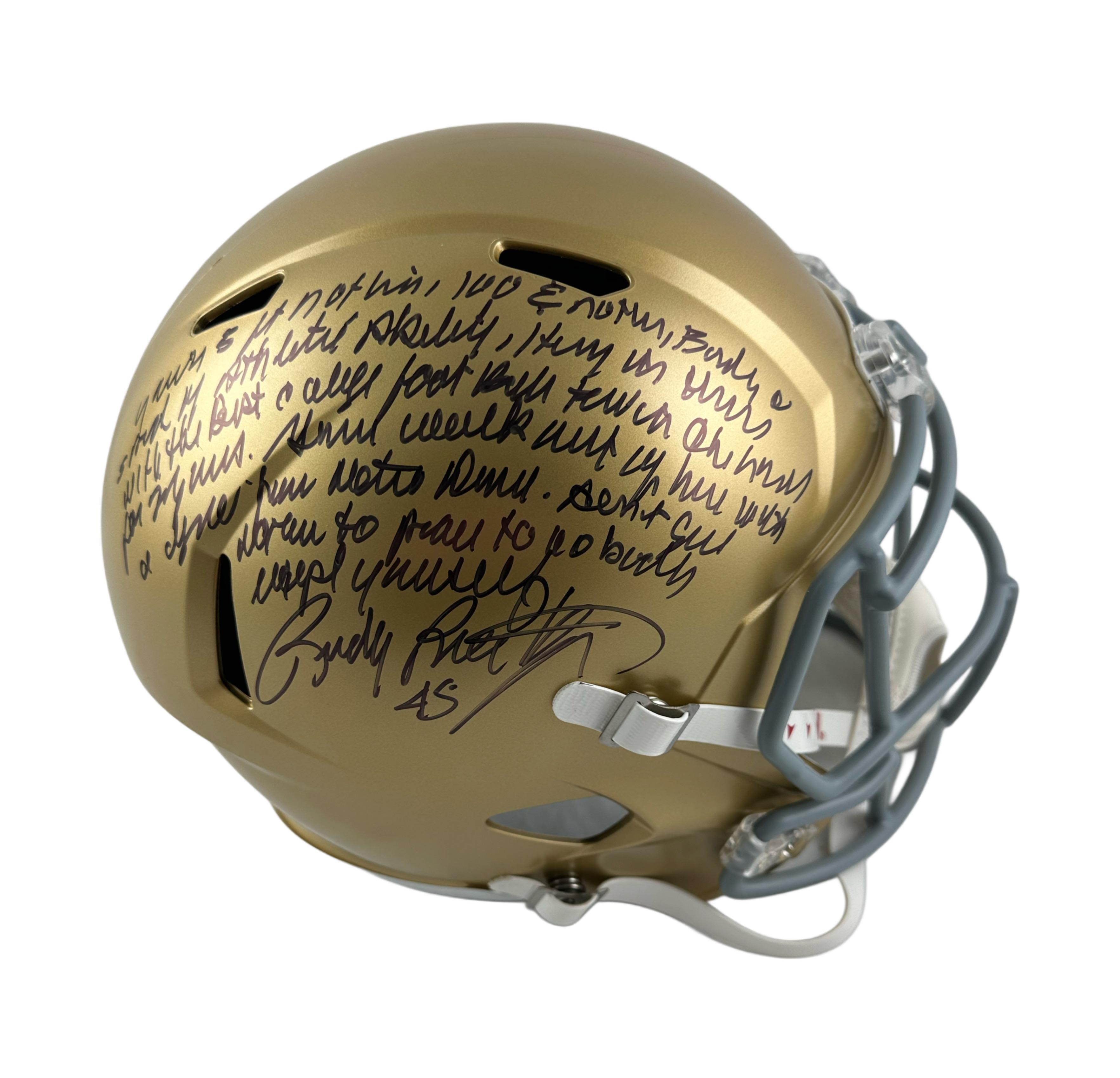 Rudy Ruettiger Signed Notre Dame Fighting Irish Full-Size Speed Helmet with Extensive Inscription (JSA) at PristineAuction.com Rudy Ruettiger Signed Notre Dame Fighting Irish Full-Size Speed Helmet with Extensive Inscription (JSA) at PristineAuction.com