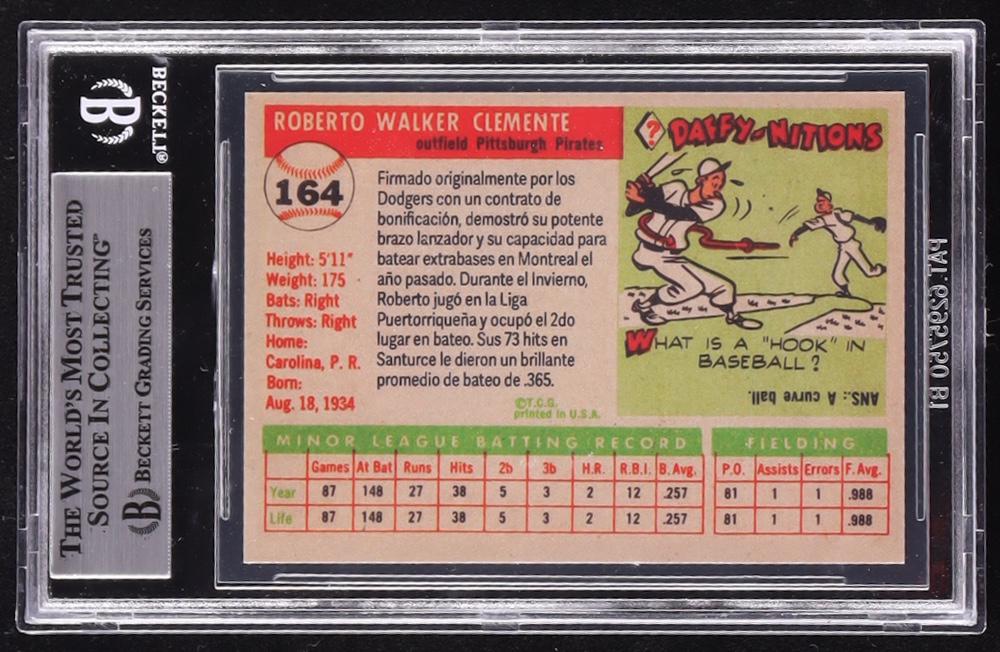 Roberto Clemente Jr. Signed LE 1955 Topps Roberto Clemente Reprint RC #164 "Spanish Back" (BGS) at PristineAuction.com Roberto Clemente Jr. Signed LE 1955 Topps Roberto Clemente Reprint RC #164 "Spanish Back" (BGS) at PristineAuction.com