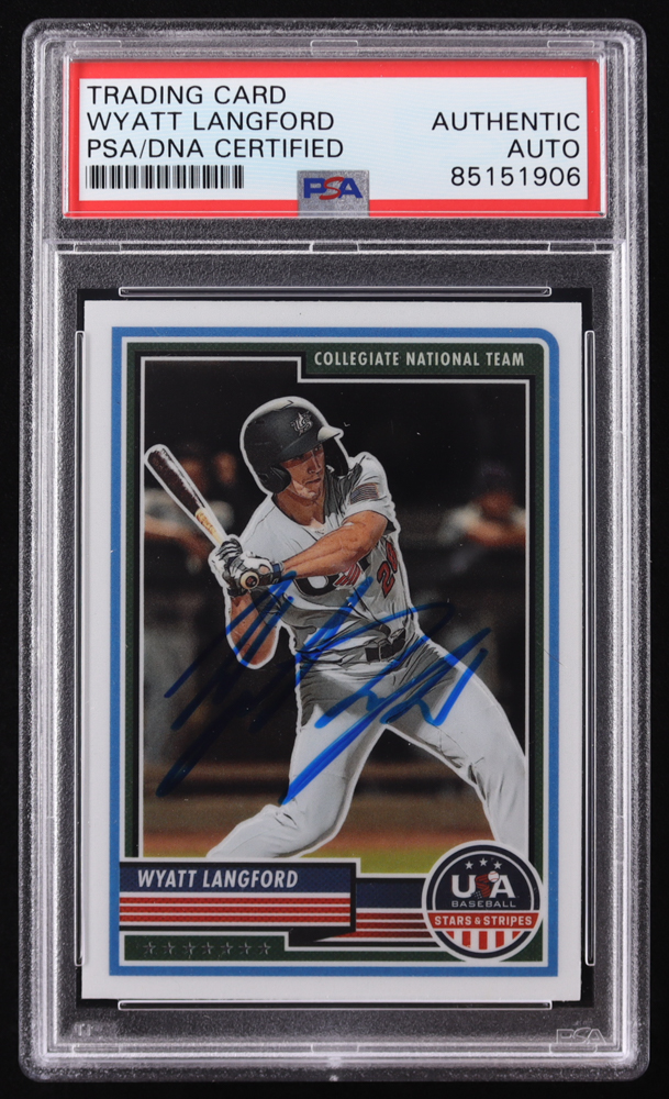 Wyatt Langford Signed 2023 USA Baseball Stars and Stripes #73 RC (PSA) at PristineAuction.com Wyatt Langford Signed 2023 USA Baseball Stars and Stripes #73 RC (PSA) at PristineAuction.com