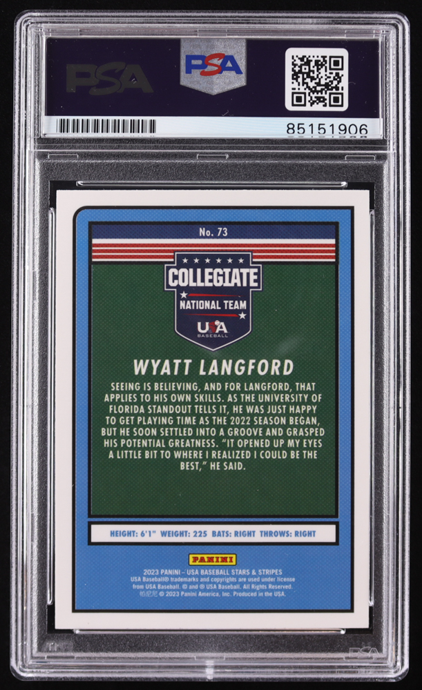 Wyatt Langford Signed 2023 USA Baseball Stars and Stripes #73 RC (PSA) at PristineAuction.com Wyatt Langford Signed 2023 USA Baseball Stars and Stripes #73 RC (PSA) at PristineAuction.com