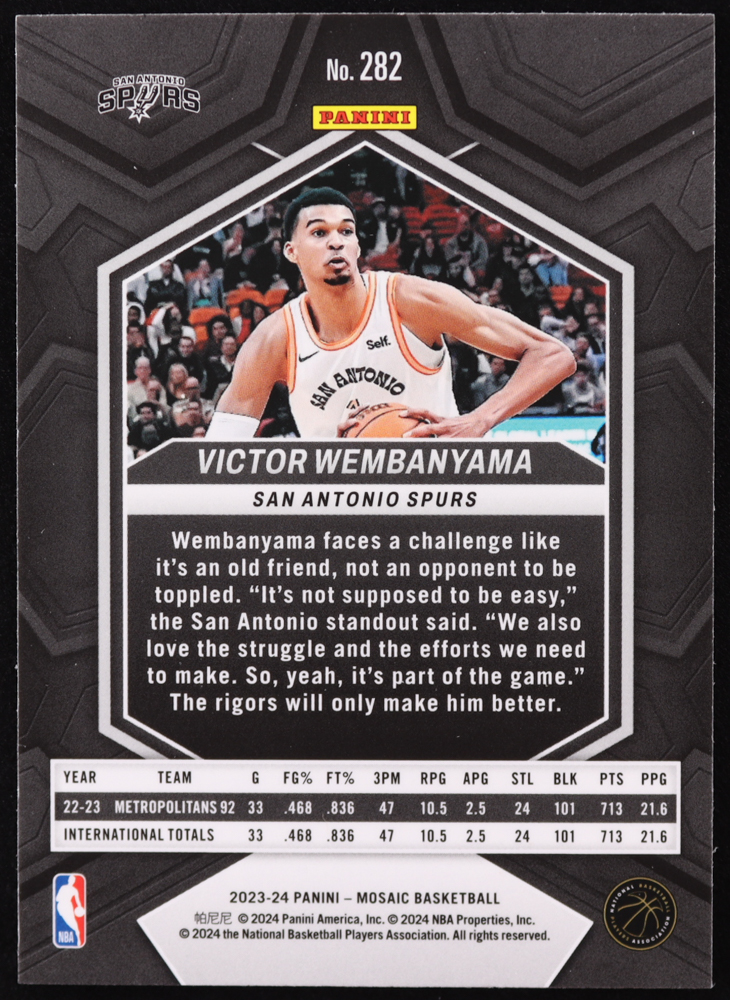 Victor Wembanyama 2023-24 Panini Mosaic #282 RC / City Edition at PristineAuction.com Victor Wembanyama 2023-24 Panini Mosaic #282 RC / City Edition at PristineAuction.com
