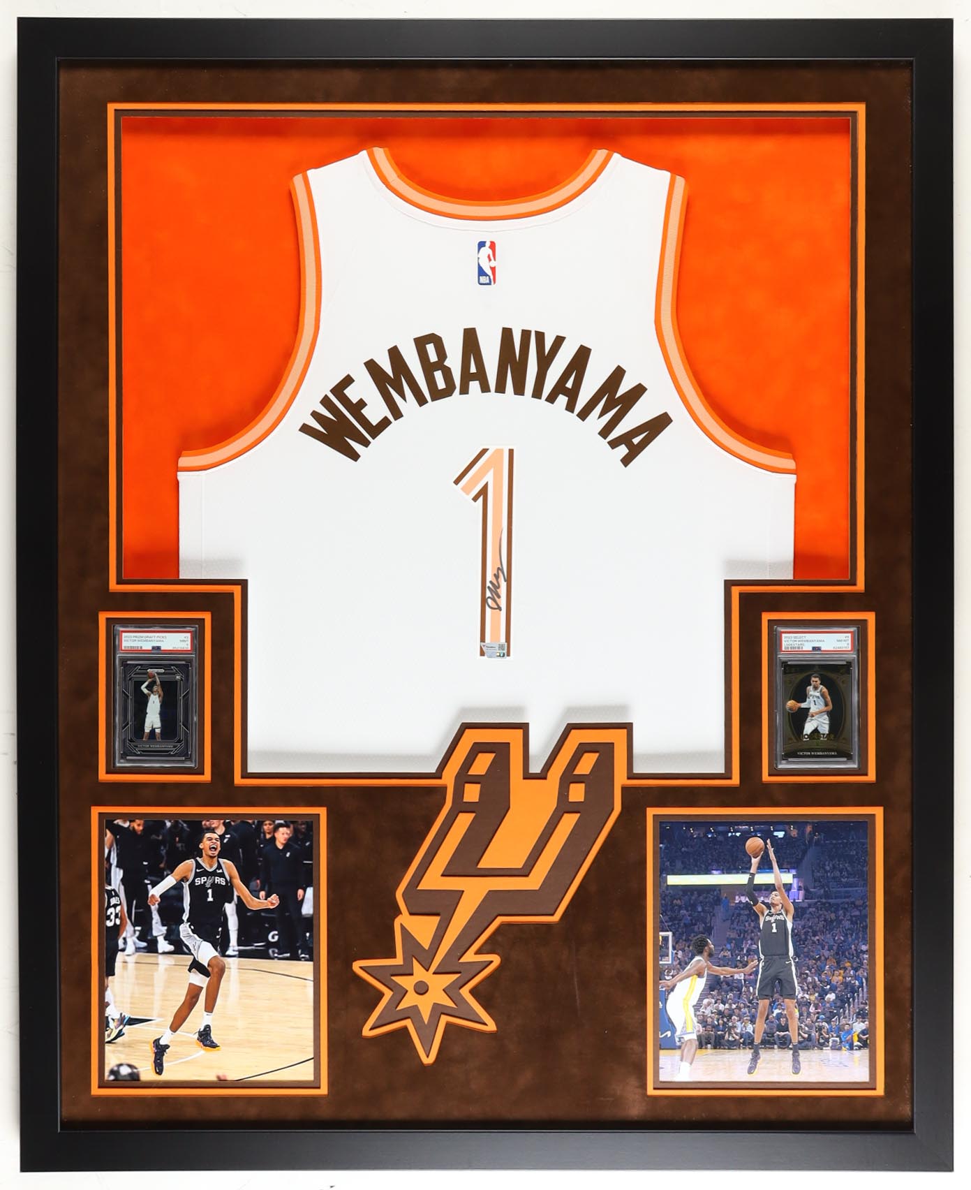 Victor Wembanyama Signed & Framed Spurs LED Backlit Jersey Display with PSA Trading Cards (Fanatics) at PristineAuction.com Victor Wembanyama Signed & Framed Spurs LED Backlit Jersey Display with PSA Trading Cards (Fanatics) at PristineAuction.com