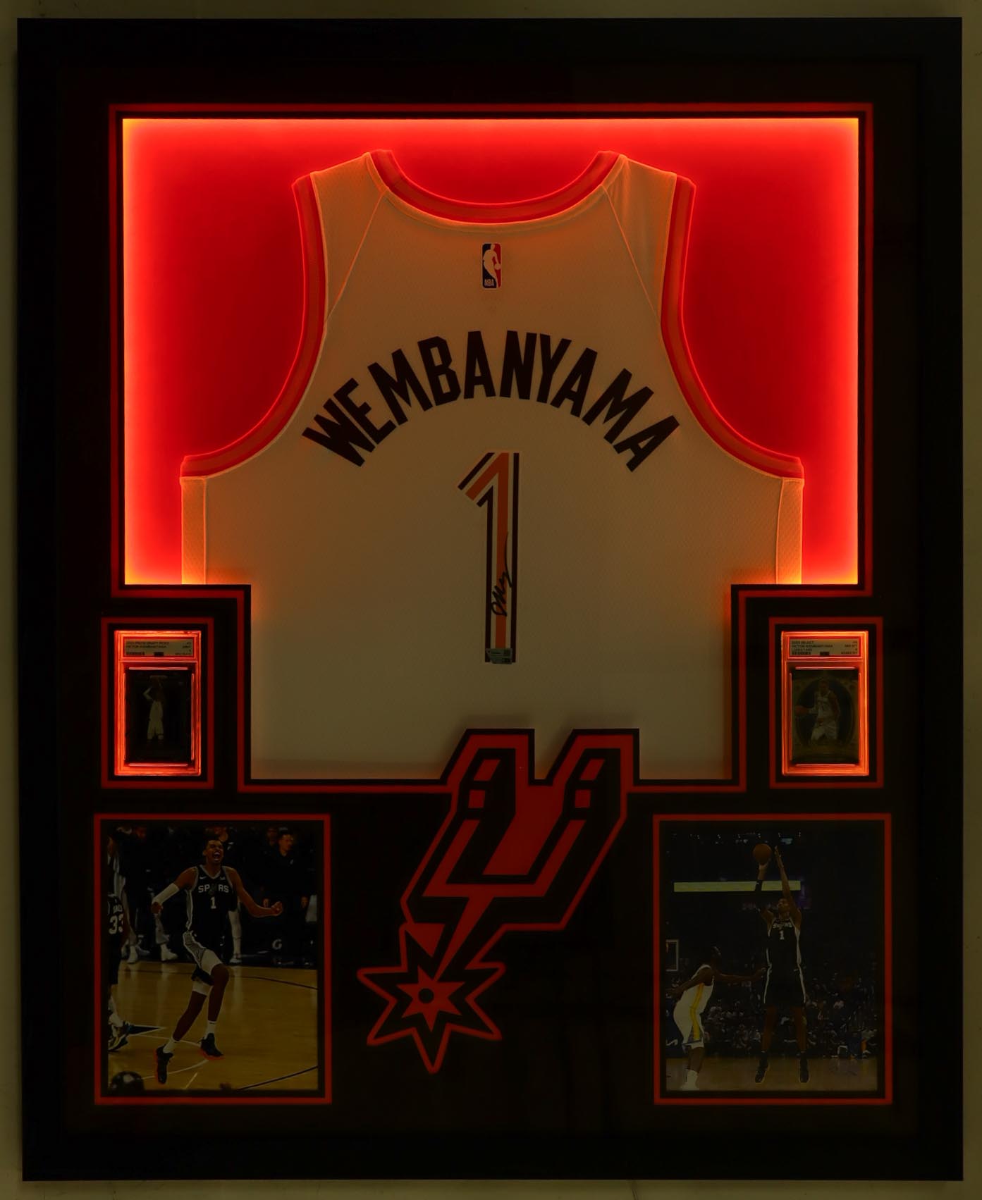 Victor Wembanyama Signed & Framed Spurs LED Backlit Jersey Display with PSA Trading Cards (Fanatics) at PristineAuction.com Victor Wembanyama Signed & Framed Spurs LED Backlit Jersey Display with PSA Trading Cards (Fanatics) at PristineAuction.com