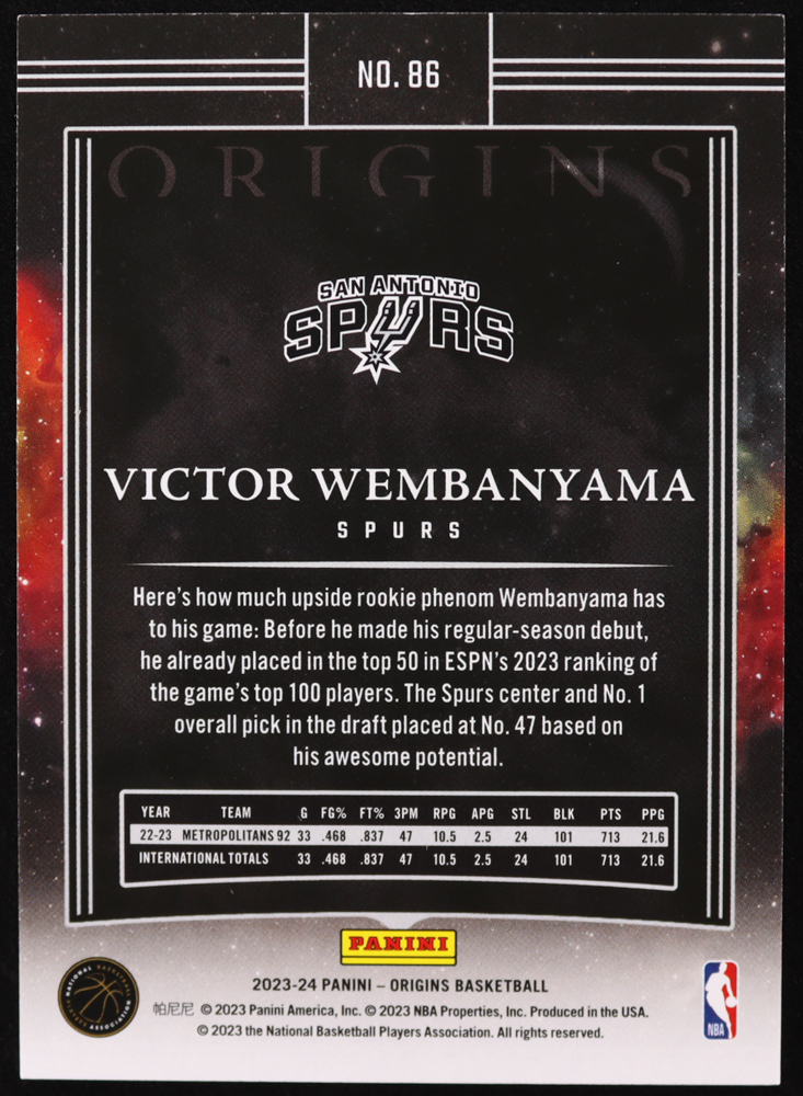 Victor Wembanyama 2023-24 Panini Origins #86 RC at PristineAuction.com Victor Wembanyama 2023-24 Panini Origins #86 RC at PristineAuction.com