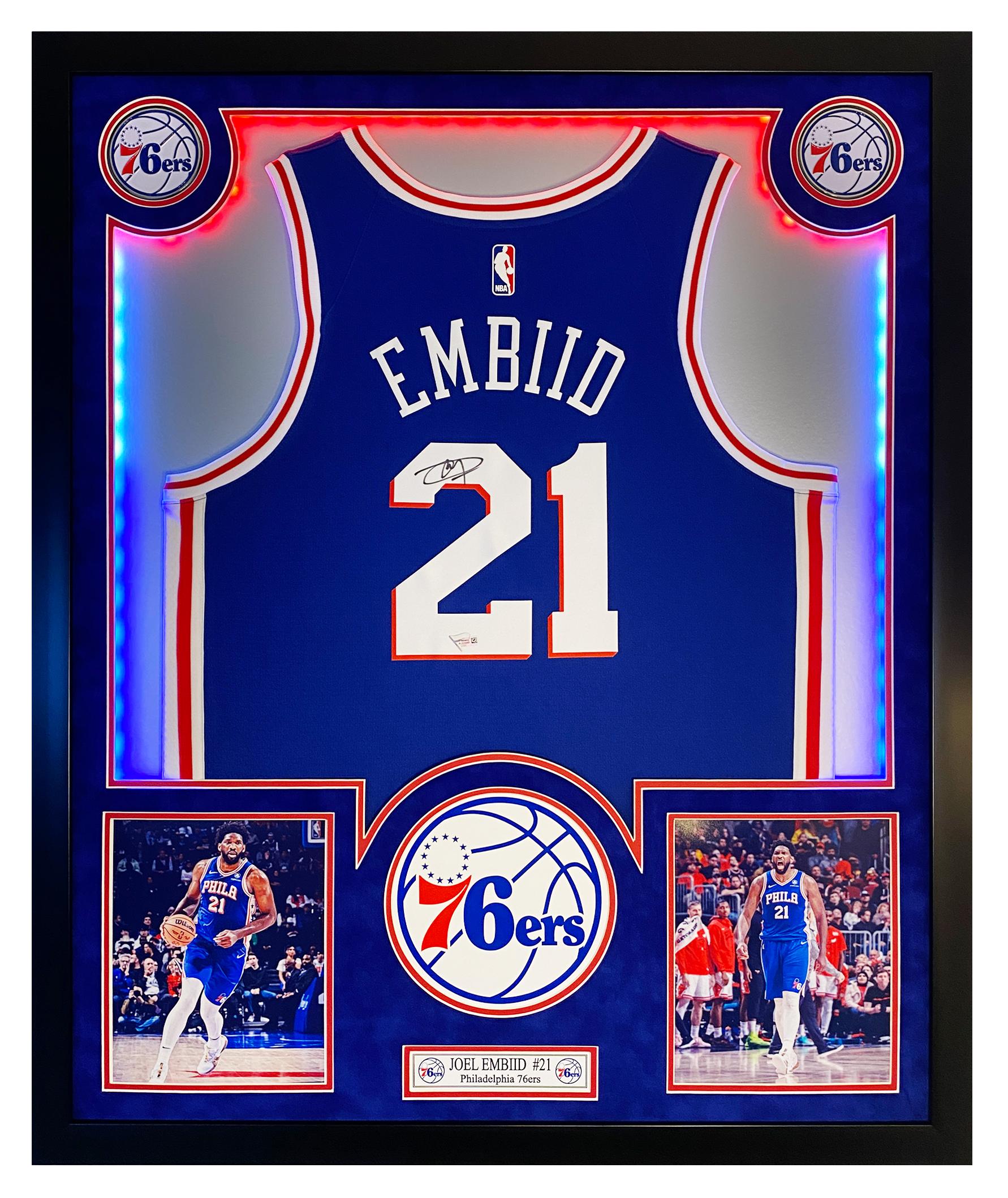 Joel Embiid Signed 76ers Custom Framed LED Jersey Display (Fanatics) at PristineAuction.com Joel Embiid Signed 76ers Custom Framed LED Jersey Display (Fanatics) at PristineAuction.com