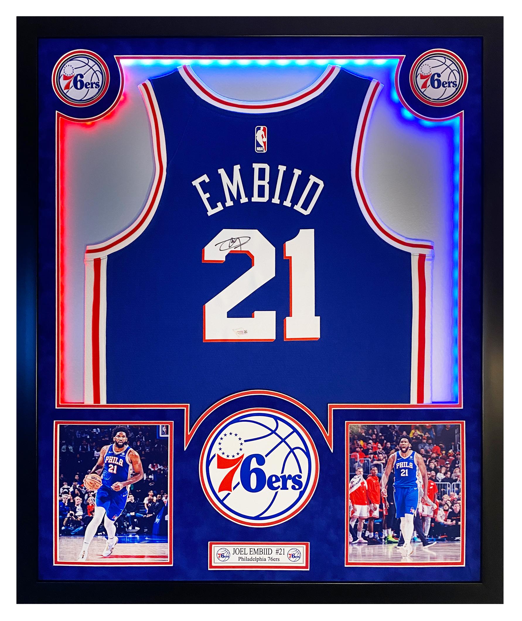 Joel Embiid Signed 76ers Custom Framed LED Jersey Display (Fanatics) at PristineAuction.com Joel Embiid Signed 76ers Custom Framed LED Jersey Display (Fanatics) at PristineAuction.com