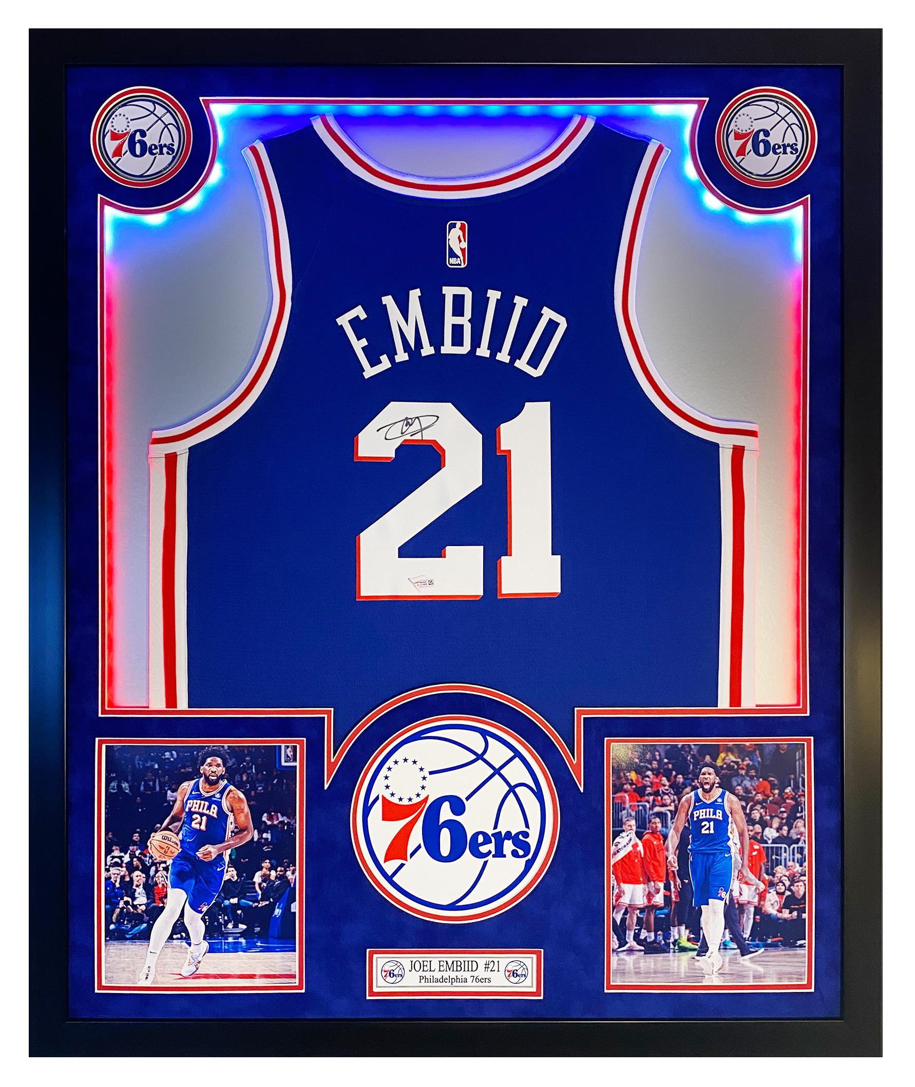 Joel Embiid Signed 76ers Custom Framed LED Jersey Display (Fanatics) at PristineAuction.com Joel Embiid Signed 76ers Custom Framed LED Jersey Display (Fanatics) at PristineAuction.com