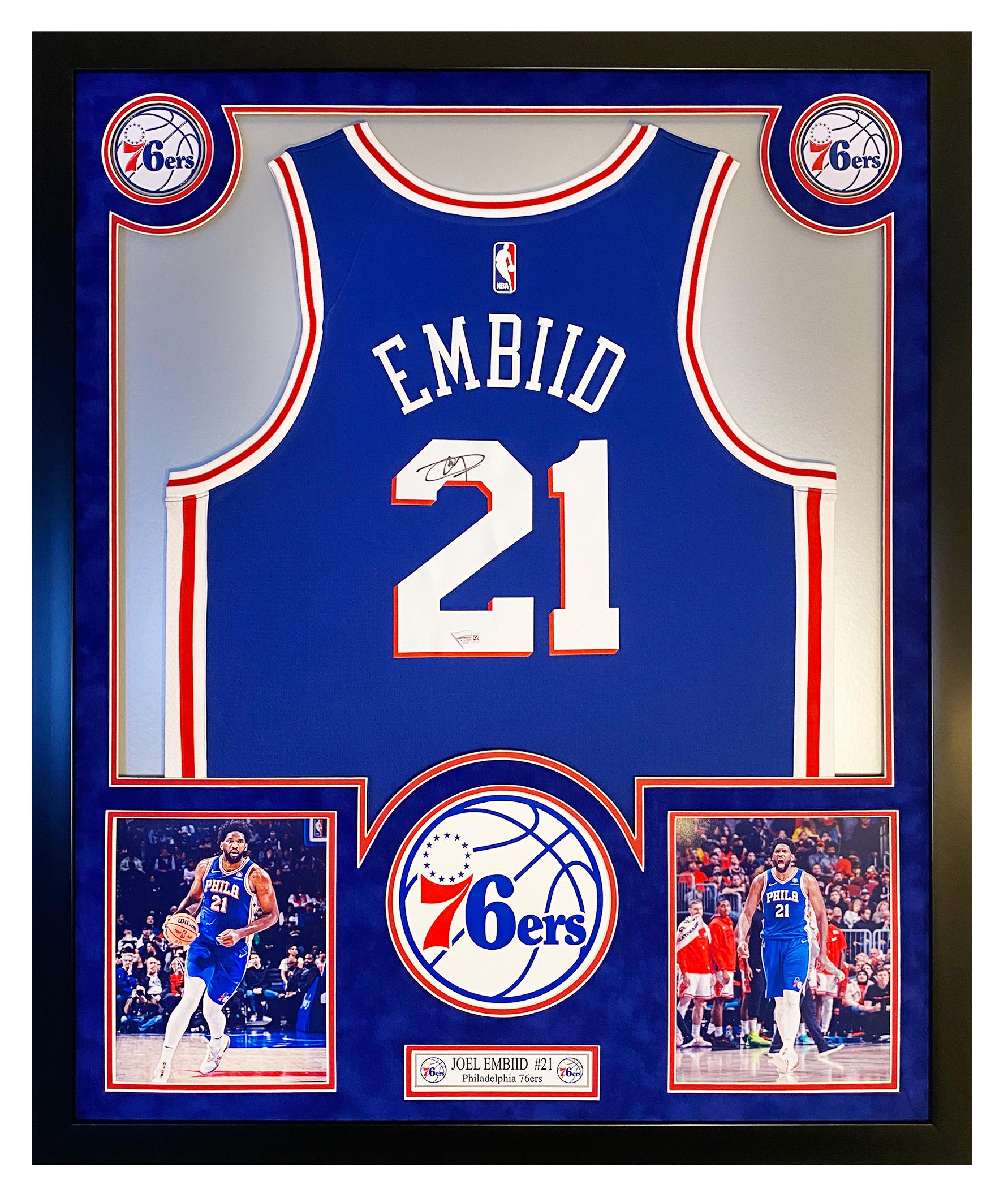 Joel Embiid Signed 76ers Custom Framed LED Jersey Display (Fanatics) at PristineAuction.com Joel Embiid Signed 76ers Custom Framed LED Jersey Display (Fanatics) at PristineAuction.com