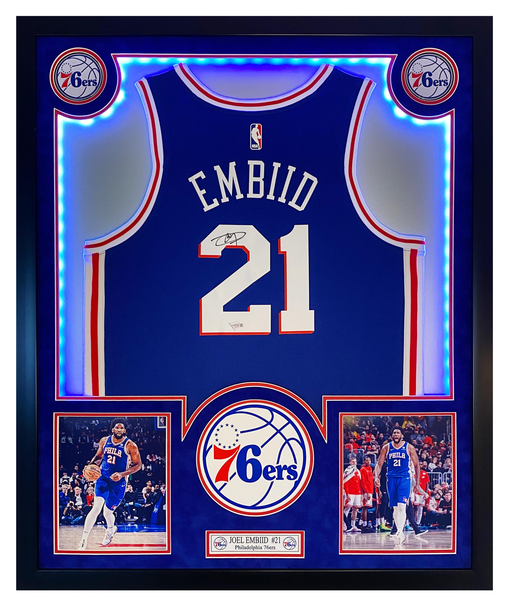 Joel Embiid Signed 76ers Custom Framed LED Jersey Display (Fanatics) at PristineAuction.com Joel Embiid Signed 76ers Custom Framed LED Jersey Display (Fanatics) at PristineAuction.com