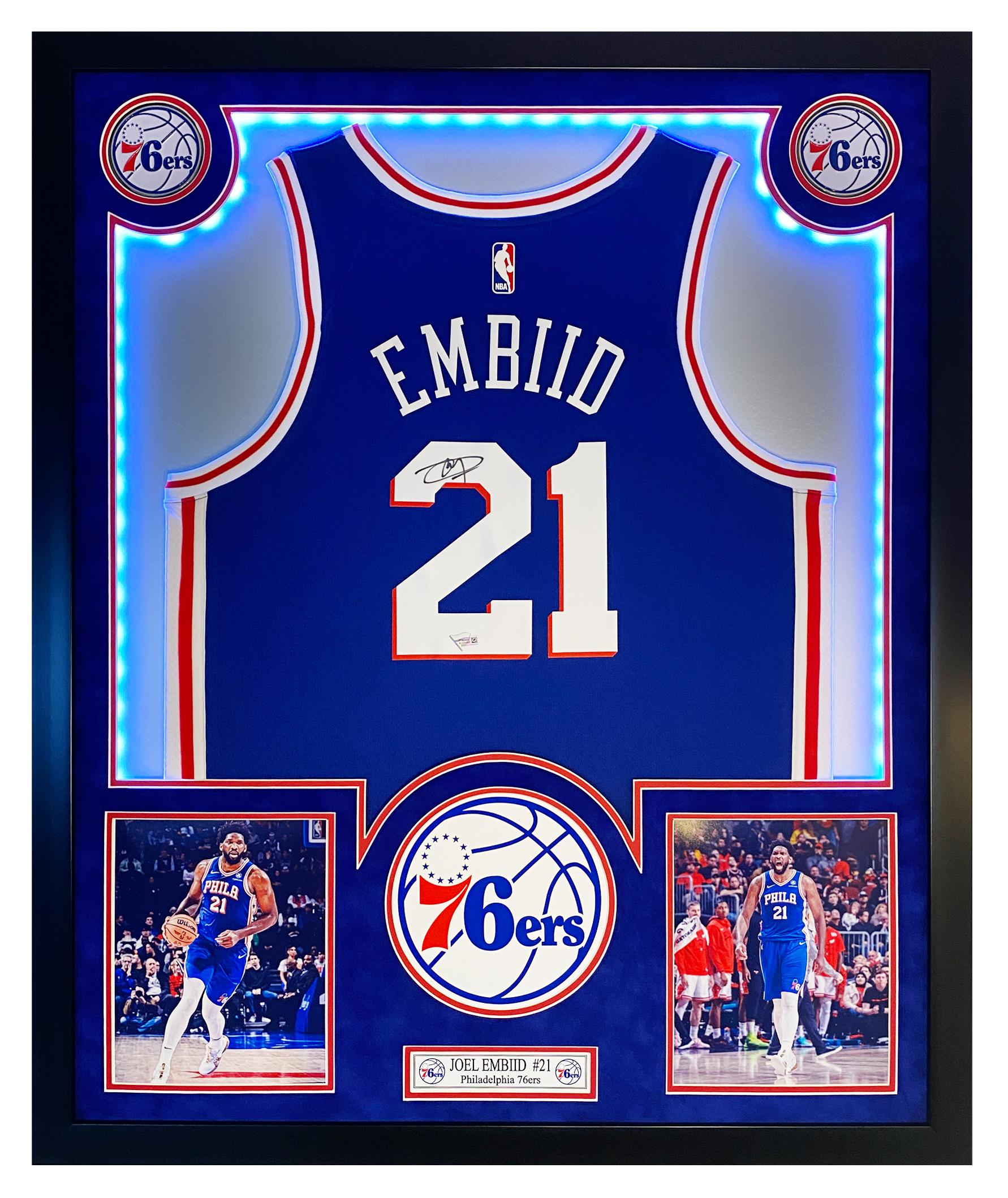 Joel Embiid Signed 76ers Custom Framed LED Jersey Display (Fanatics) at PristineAuction.com Joel Embiid Signed 76ers Custom Framed LED Jersey Display (Fanatics) at PristineAuction.com