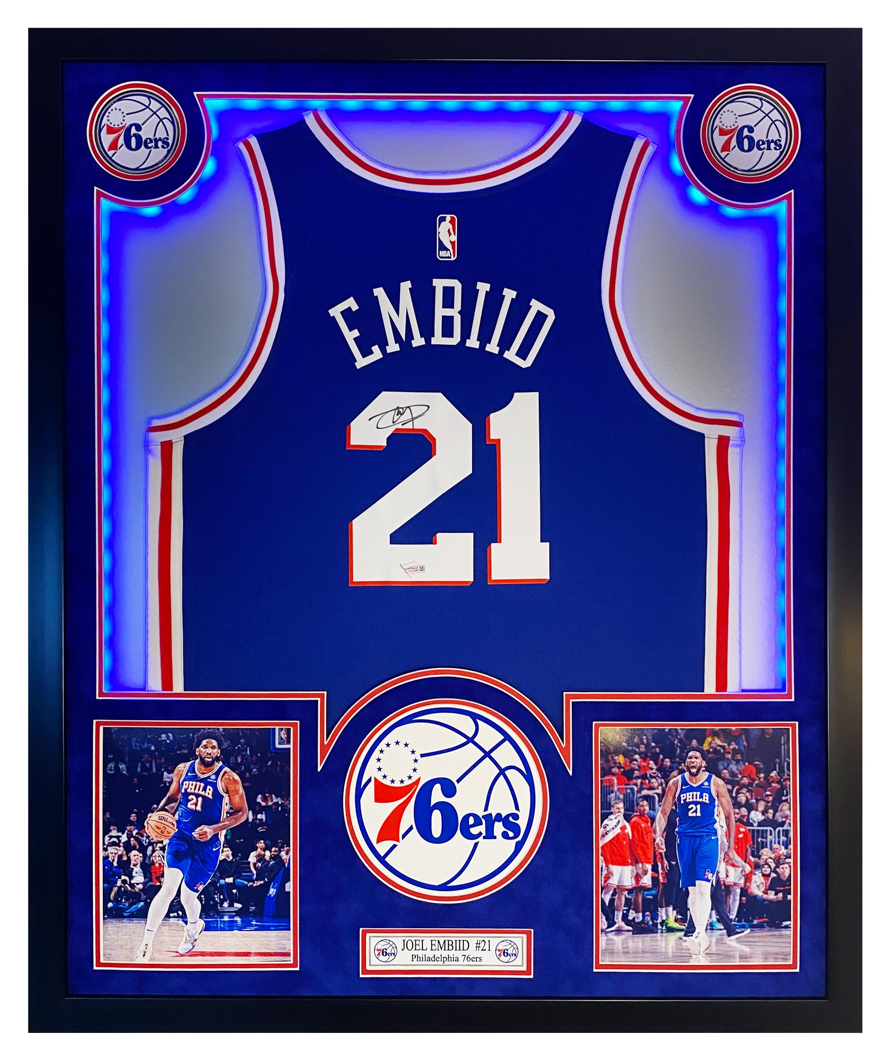 Joel Embiid Signed 76ers Custom Framed LED Jersey Display (Fanatics) at PristineAuction.com Joel Embiid Signed 76ers Custom Framed LED Jersey Display (Fanatics) at PristineAuction.com