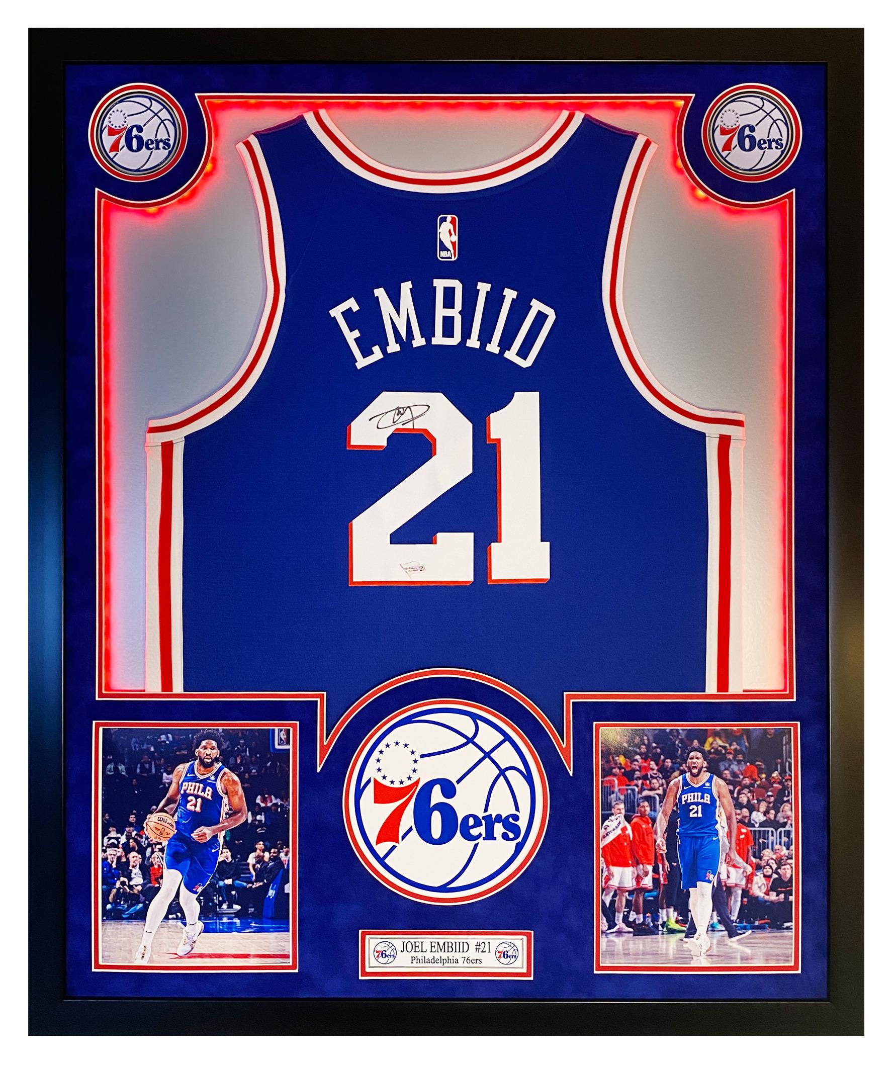 Joel Embiid Signed 76ers Custom Framed LED Jersey Display (Fanatics) at PristineAuction.com Joel Embiid Signed 76ers Custom Framed LED Jersey Display (Fanatics) at PristineAuction.com