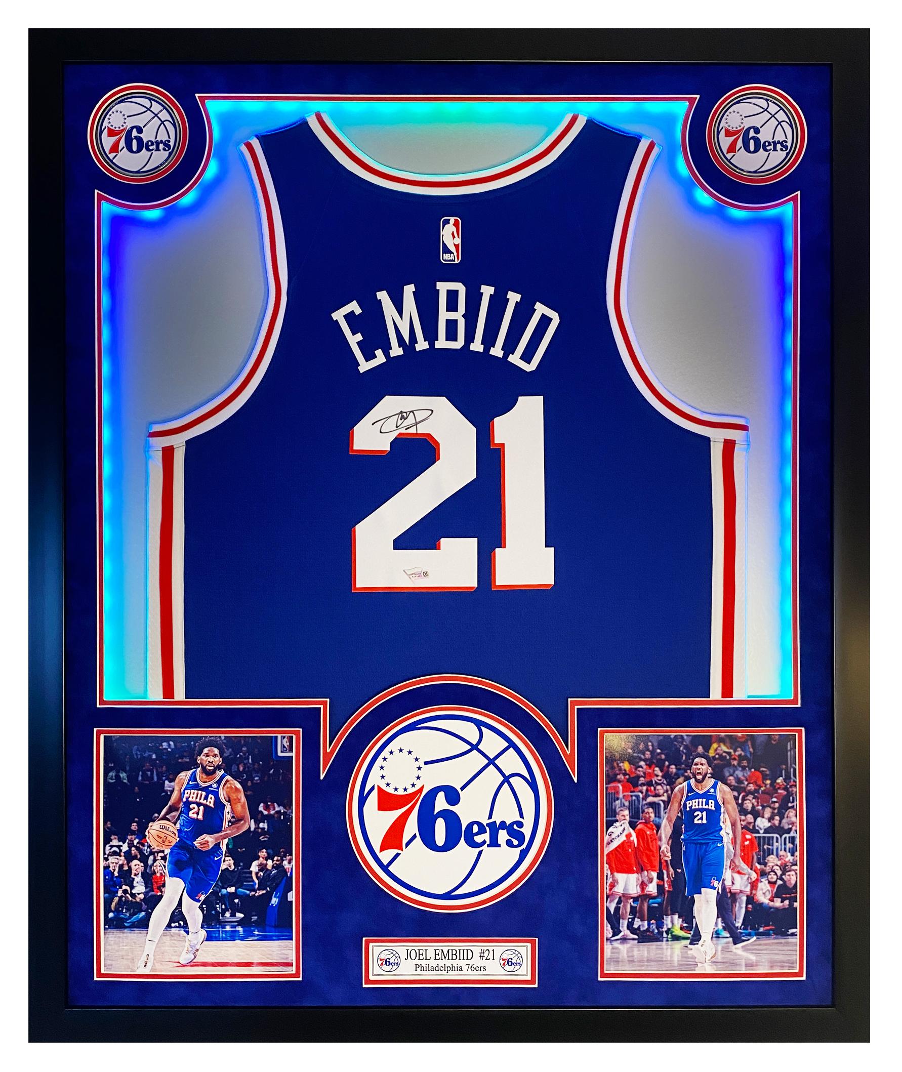 Joel Embiid Signed 76ers Custom Framed LED Jersey Display (Fanatics) at PristineAuction.com Joel Embiid Signed 76ers Custom Framed LED Jersey Display (Fanatics) at PristineAuction.com