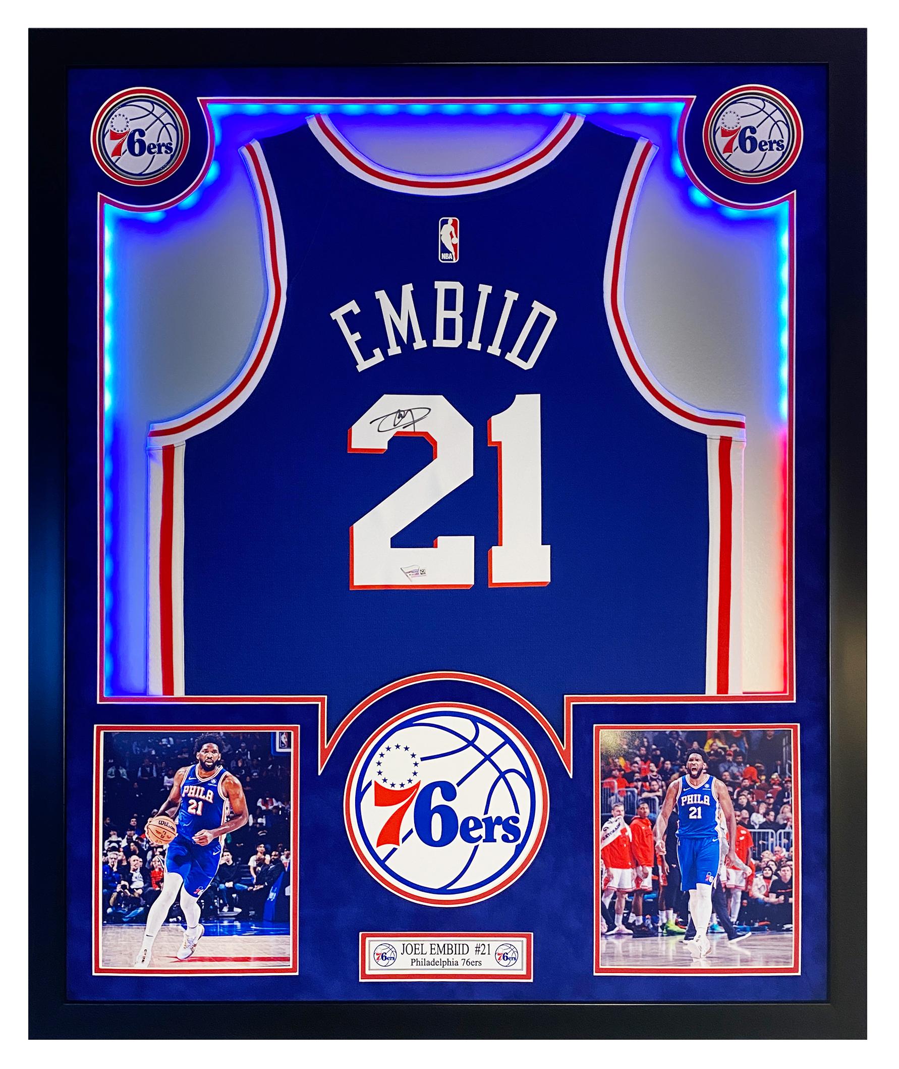 Joel Embiid Signed 76ers Custom Framed LED Jersey Display (Fanatics) at PristineAuction.com Joel Embiid Signed 76ers Custom Framed LED Jersey Display (Fanatics) at PristineAuction.com