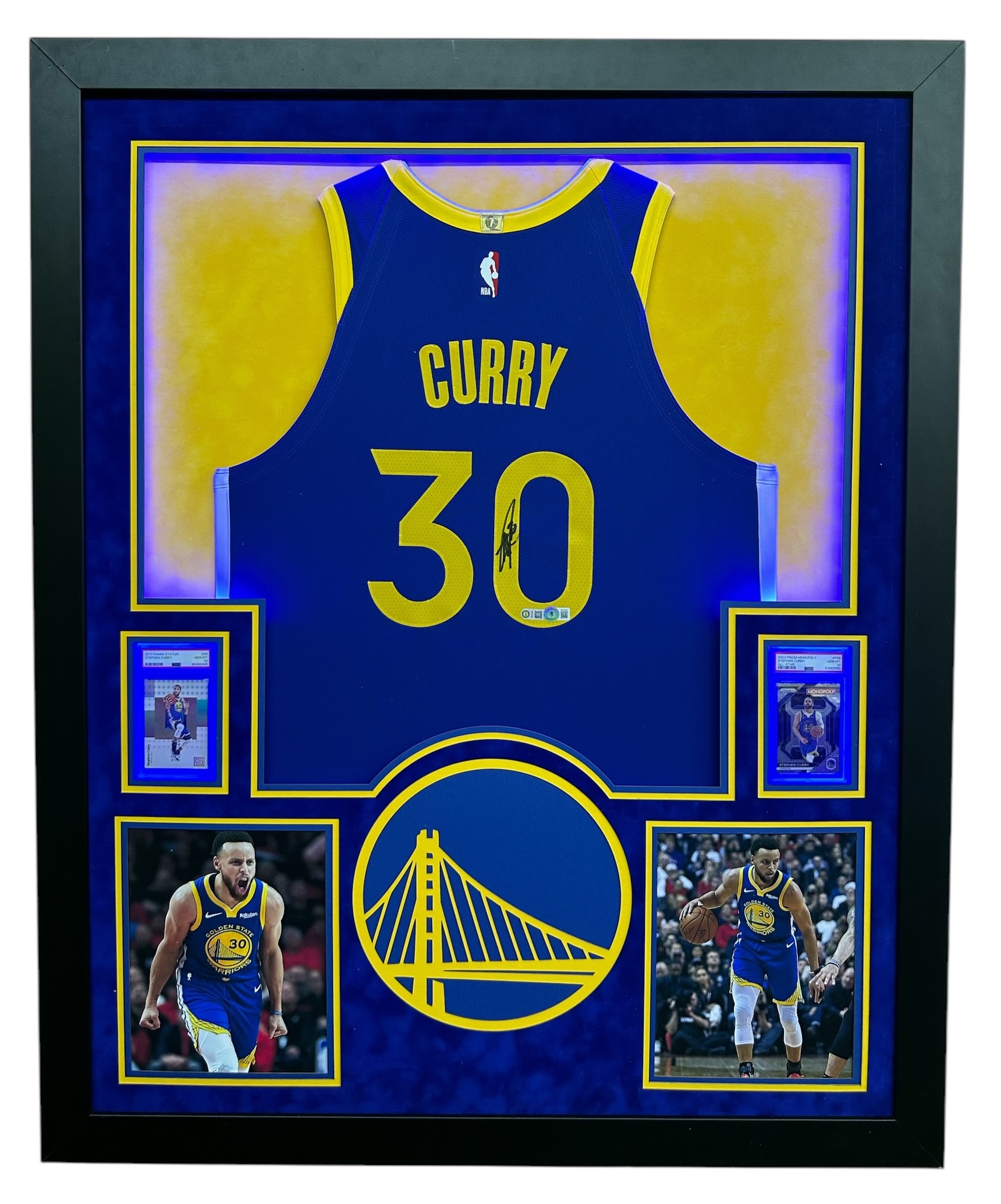 Stephen Curry Signed & Framed Warriors LED Backlit Jersey Display with PSA 10 Graded Cards (Beckett & USA SM) at PristineAuction.com Stephen Curry Signed & Framed Warriors LED Backlit Jersey Display with PSA 10 Graded Cards (Beckett & USA SM) at PristineAuction.com