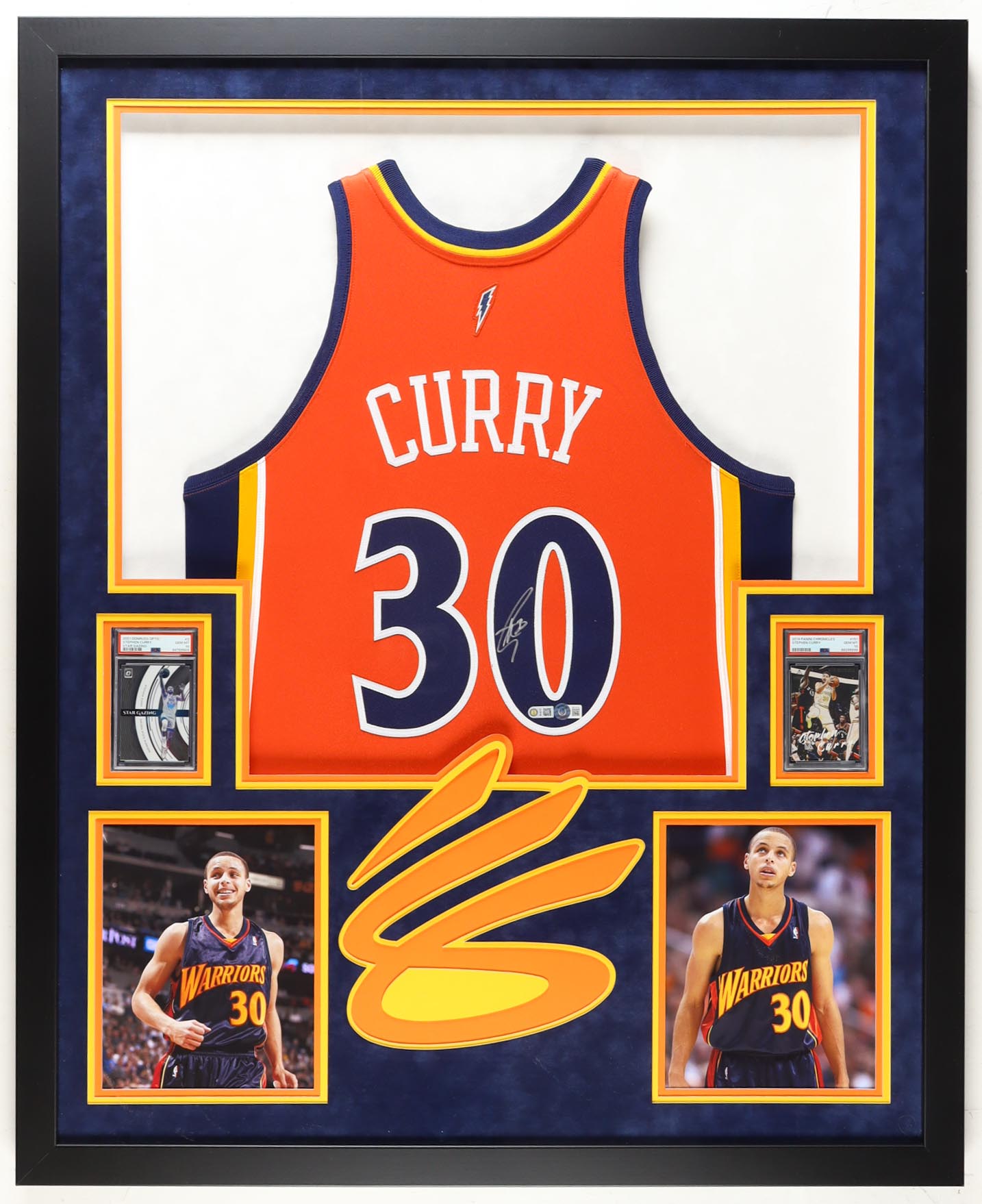 Stephen Curry Signed & Framed Golden State Warriors LED Backlit Jersey Display with PSA Graded Cards (Beckett & USA SM) at PristineAuction.com Stephen Curry Signed & Framed Golden State Warriors LED Backlit Jersey Display with PSA Graded Cards (Beckett & USA SM) at PristineAuction.com