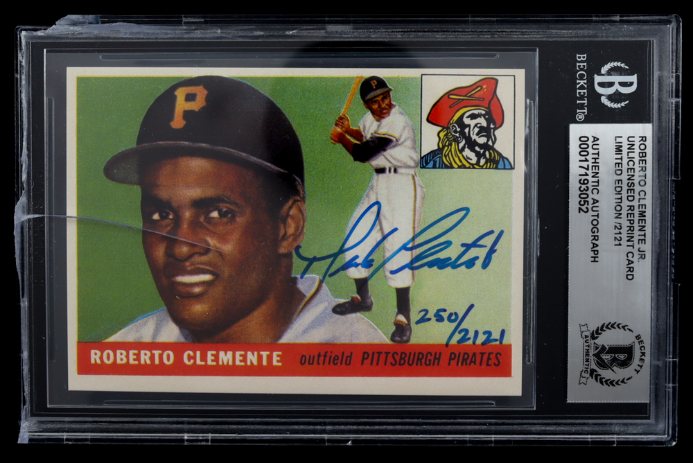 Roberto Clemente Jr. Signed LE 1955 Topps Roberto Clemente Reprint RC #164 "Spanish Back" (BGS) at PristineAuction.com Roberto Clemente Jr. Signed LE 1955 Topps Roberto Clemente Reprint RC #164 "Spanish Back" (BGS) at PristineAuction.com
