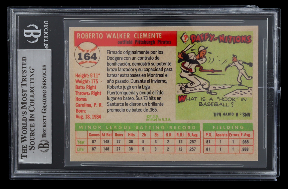 Roberto Clemente Jr. Signed LE 1955 Topps Roberto Clemente Reprint RC #164 "Spanish Back" (BGS) at PristineAuction.com Roberto Clemente Jr. Signed LE 1955 Topps Roberto Clemente Reprint RC #164 "Spanish Back" (BGS) at PristineAuction.com