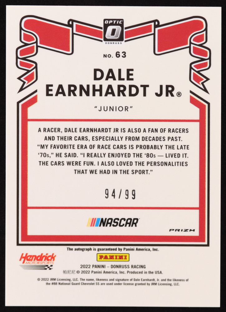 Dale Earnhardt Jr. 2022 Donruss Optic Signatures Holo #63 RETRO #94/99 at PristineAuction.com Dale Earnhardt Jr. 2022 Donruss Optic Signatures Holo #63 RETRO #94/99 at PristineAuction.com