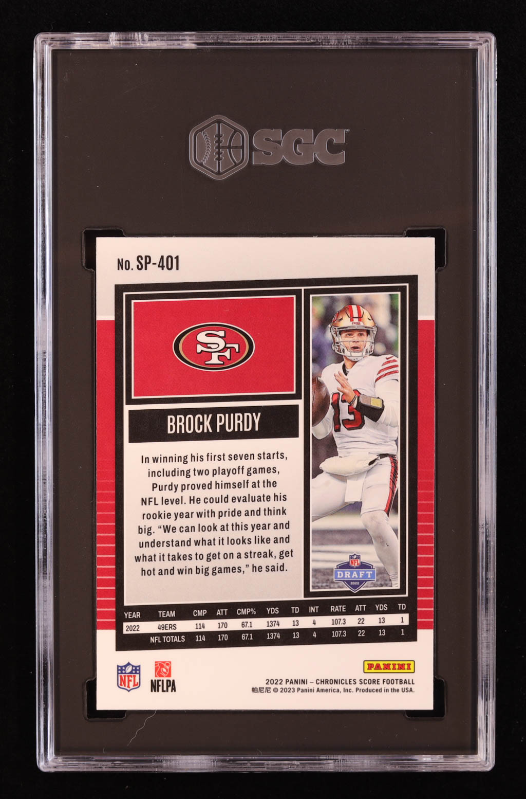 Brock Purdy 2022 Panini Chronicles Score Premium Rookies #SP401 RC (SGC 10) at PristineAuction.com Brock Purdy 2022 Panini Chronicles Score Premium Rookies #SP401 RC (SGC 10) at PristineAuction.com