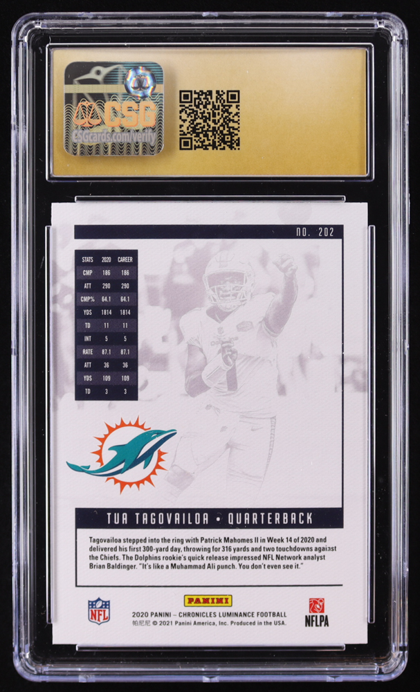 Tua Tagovailoa 2020 Panini Luminance #202 Chronicles RC (CGC 10 | Pristine Black Label) at PristineAuction.com Tua Tagovailoa 2020 Panini Luminance #202 Chronicles RC (CGC 10 | Pristine Black Label) at PristineAuction.com