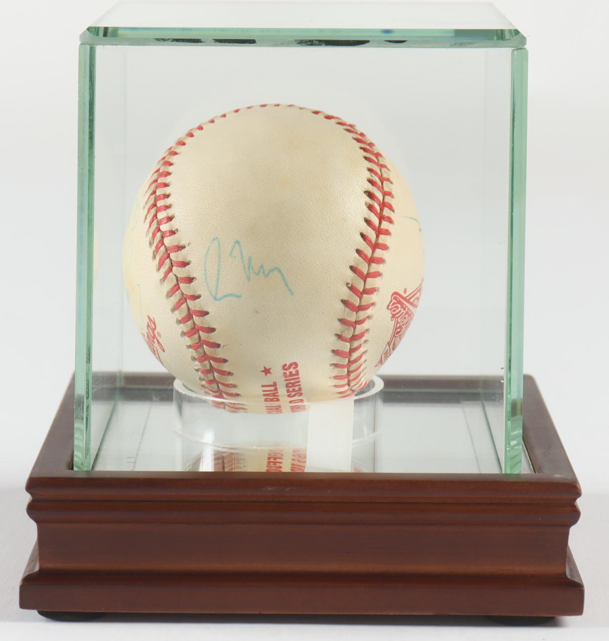 1996 Braves World Series Baseball With Display Case Signed By (6) With Greg Maddux, Tom Glavine, Ryan Klesko, Rafael Belliard (PSA) at PristineAuction.com 1996 Braves World Series Baseball With Display Case Signed By (6) With Greg Maddux, Tom Glavine, Ryan Klesko, Rafael Belliard (PSA) at PristineAuction.com