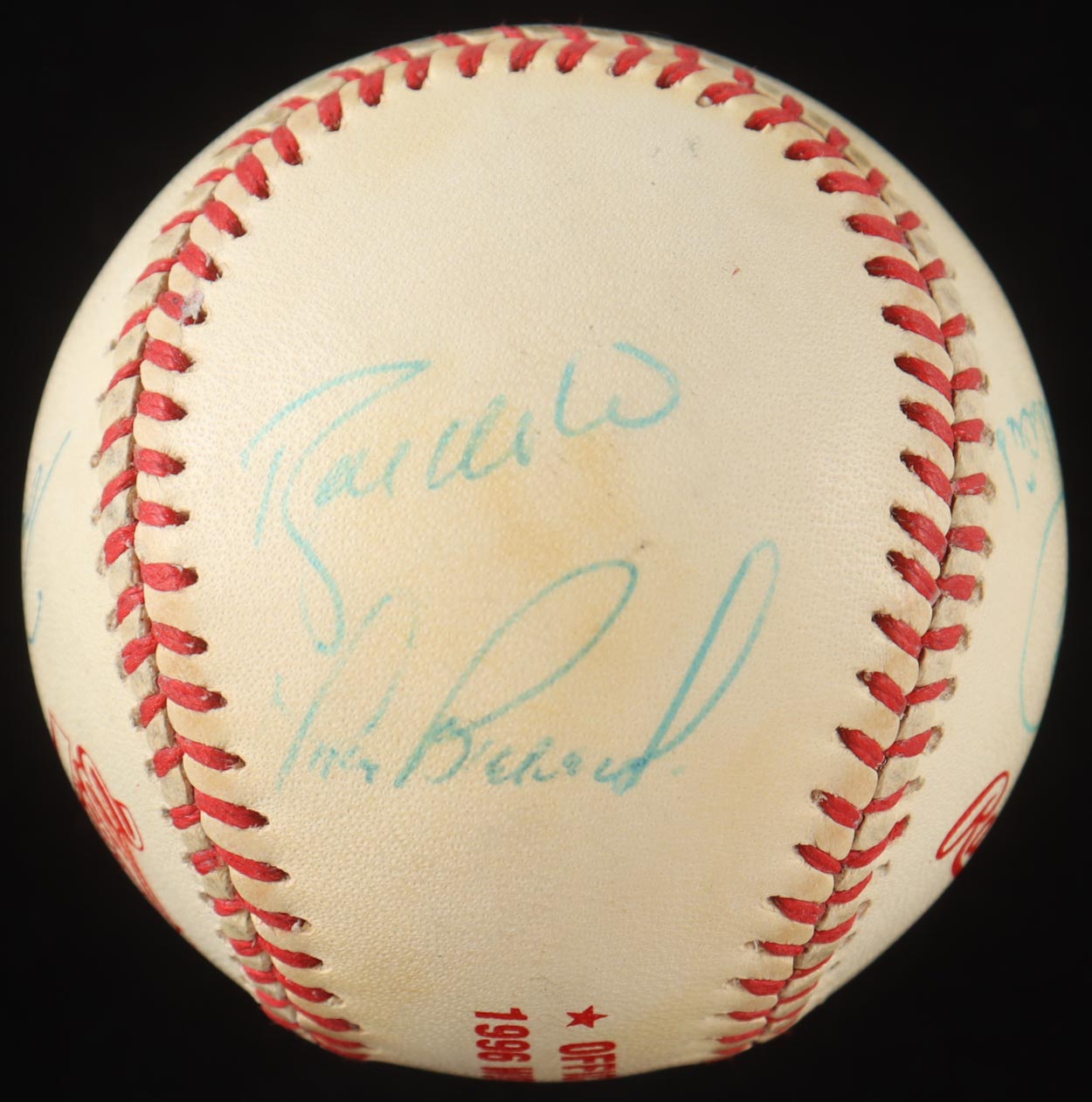 1996 Braves World Series Baseball With Display Case Signed By (6) With Greg Maddux, Tom Glavine, Ryan Klesko, Rafael Belliard (PSA) at PristineAuction.com 1996 Braves World Series Baseball With Display Case Signed By (6) With Greg Maddux, Tom Glavine, Ryan Klesko, Rafael Belliard (PSA) at PristineAuction.com