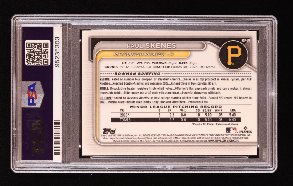 Paul Skenes 2024 Bowman Chrome Prospects BCP125 RC (PSA 10) Pristine