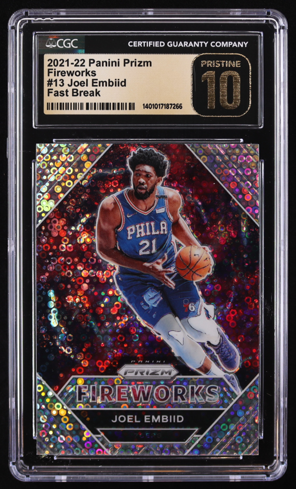 Joel Embiid 2021-22 Panini Prizm Fireworks Fast Break #13 (CGC 10 | Pristine Black Label) at PristineAuction.com Joel Embiid 2021-22 Panini Prizm Fireworks Fast Break #13 (CGC 10 | Pristine Black Label) at PristineAuction.com