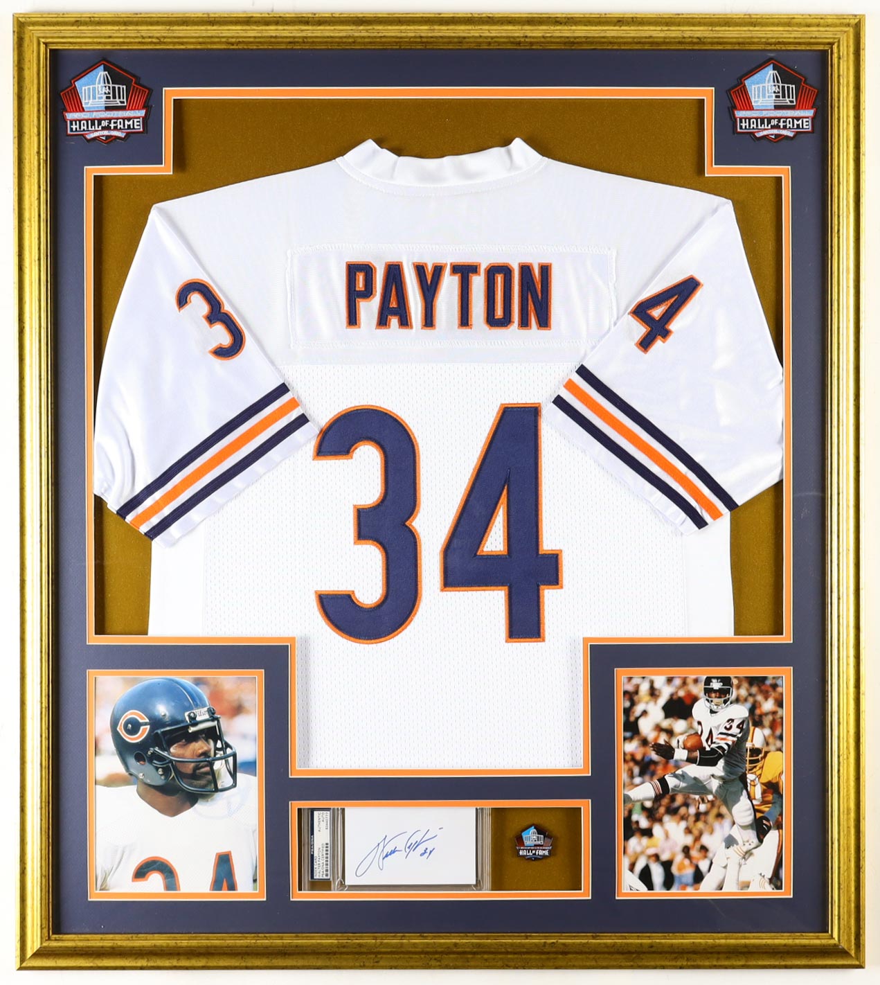 Walter Payton Signed Custom Framed Cut Display With Jersey, Hall Of Fame Pin & (2) Cloth Hall Of Fame Logo Patches (PSA) at PristineAuction.com Walter Payton Signed Custom Framed Cut Display With Jersey, Hall Of Fame Pin & (2) Cloth Hall Of Fame Logo Patches (PSA) at PristineAuction.com