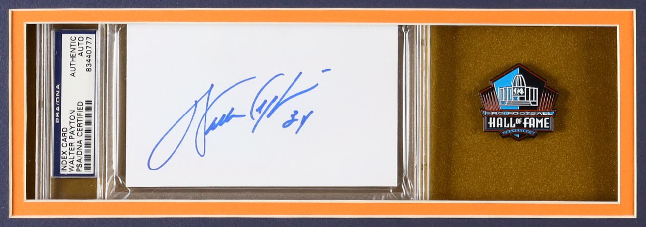 Walter Payton Signed Custom Framed Cut Display With Jersey, Hall Of Fame Pin & (2) Cloth Hall Of Fame Logo Patches (PSA) at PristineAuction.com Walter Payton Signed Custom Framed Cut Display With Jersey, Hall Of Fame Pin & (2) Cloth Hall Of Fame Logo Patches (PSA) at PristineAuction.com