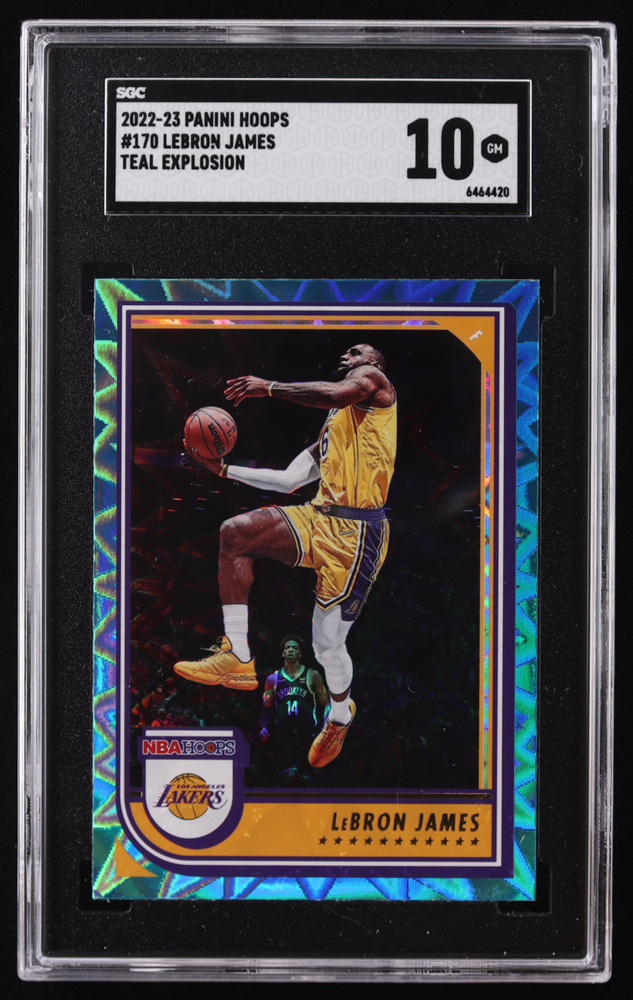 LeBron James 2022-23 Hoops Teal Explosion #170 (SGC 10) at PristineAuction.com LeBron James 2022-23 Hoops Teal Explosion #170 (SGC 10) at PristineAuction.com