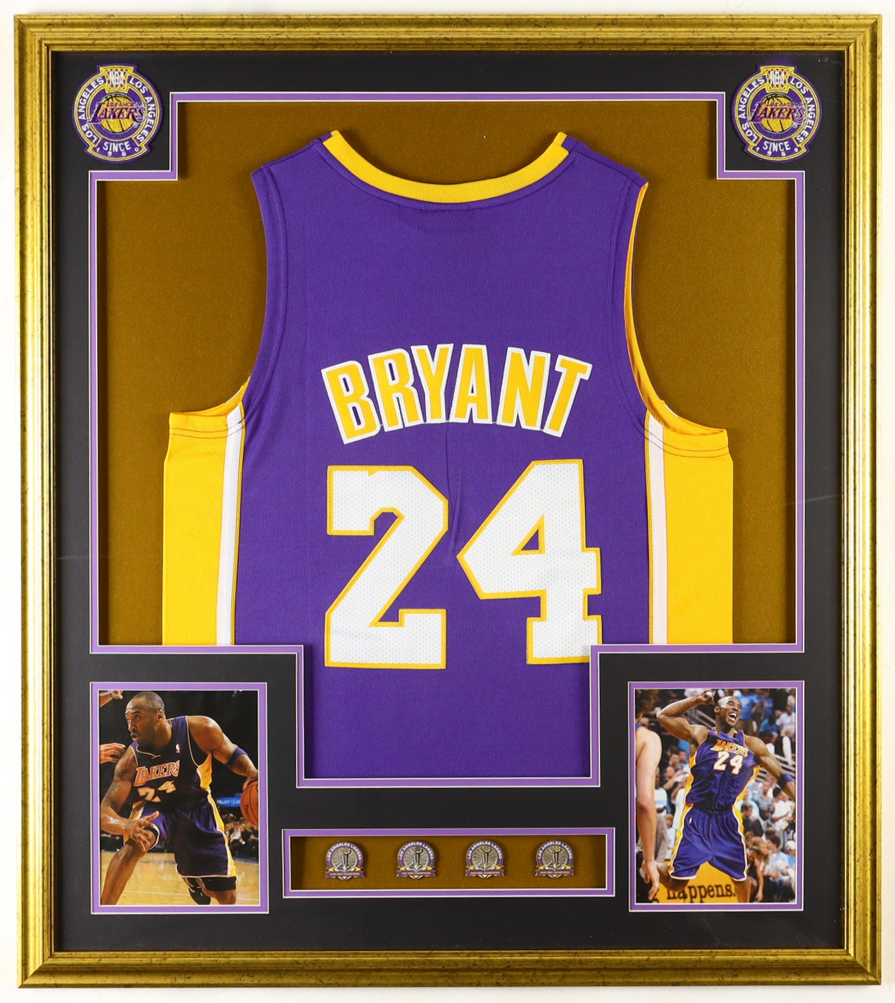 Kobe Bryant Lakers Custom Framed Jersey Display With Set of (4) LE NBA Championship Pins, (2) Cloth Team Logo Patches & (2) Photos at PristineAuction.com Kobe Bryant Lakers Custom Framed Jersey Display With Set of (4) LE NBA Championship Pins, (2) Cloth Team Logo Patches & (2) Photos at PristineAuction.com
